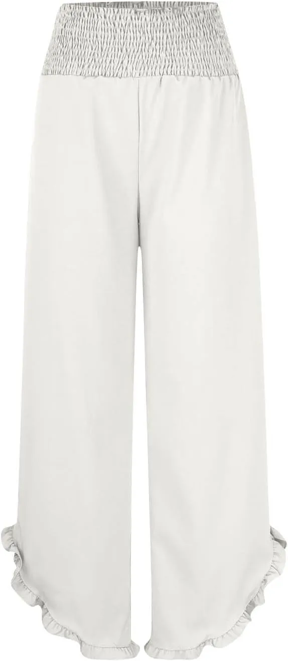 Womens Smocked Waist Ruffle Hem Palazzo Pants Boho Wide Leg Cotton Linen Trouser 2025 Fashion Casual Comfy Flowy Pants