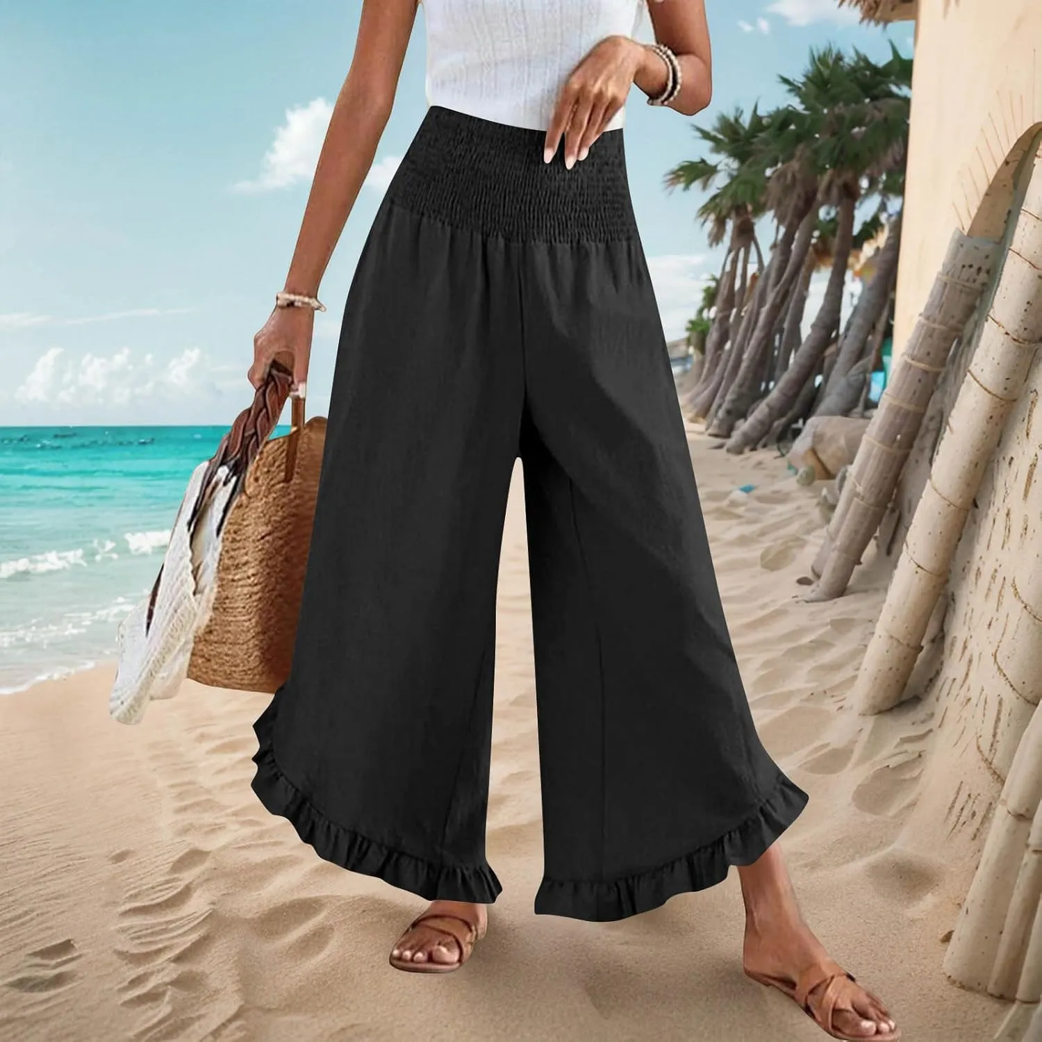 Womens Smocked Waist Ruffle Hem Palazzo Pants Boho Wide Leg Cotton Linen Trouser 2025 Fashion Casual Comfy Flowy Pants