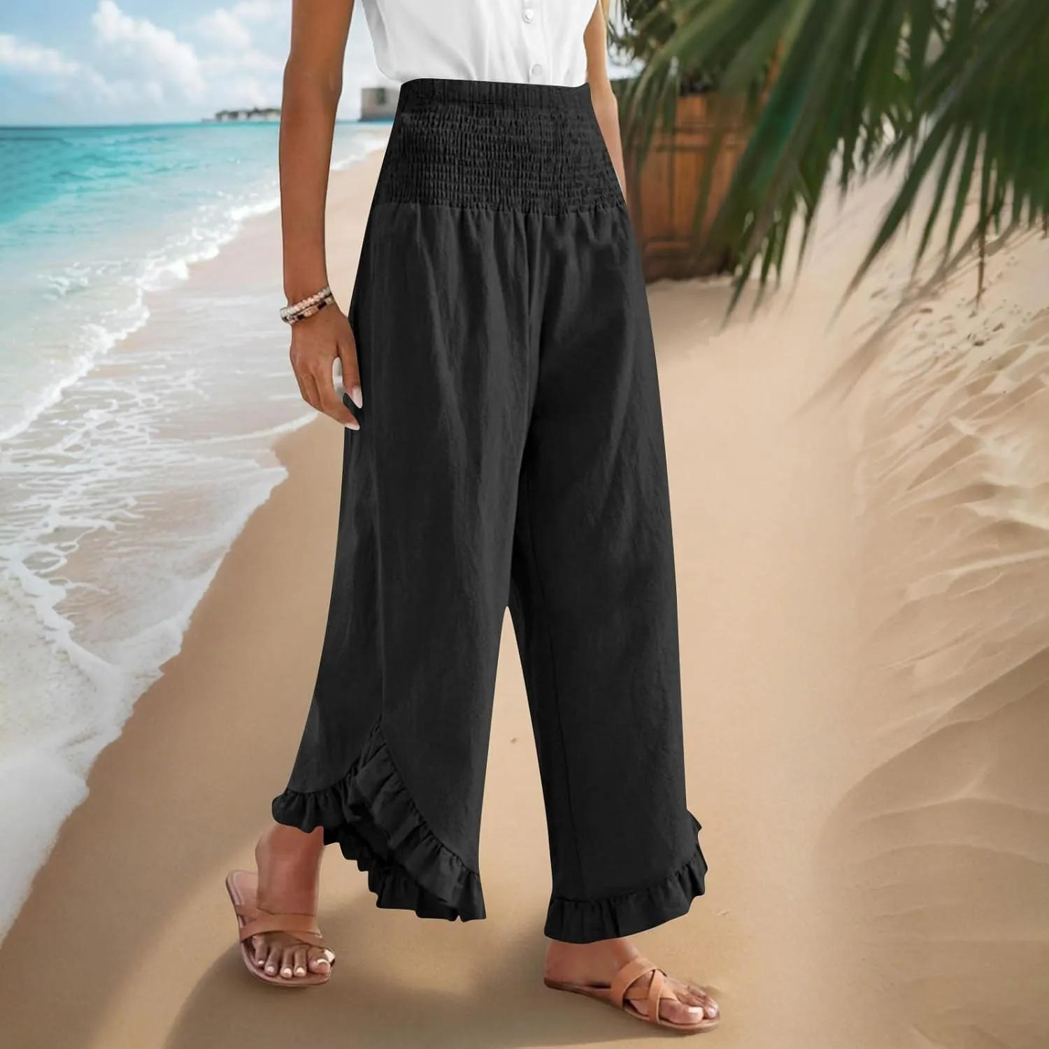 Womens Smocked Waist Ruffle Hem Palazzo Pants Boho Wide Leg Cotton Linen Trouser 2025 Fashion Casual Comfy Flowy Pants