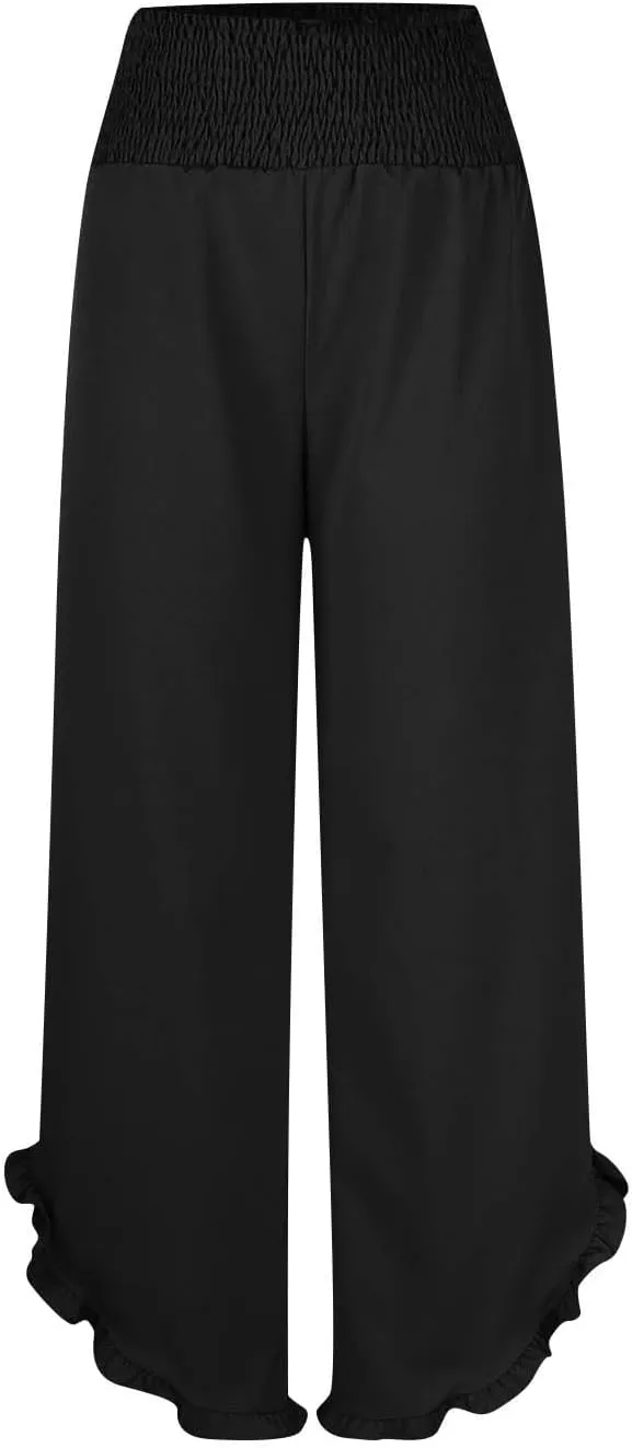 Womens Smocked Waist Ruffle Hem Palazzo Pants Boho Wide Leg Cotton Linen Trouser 2025 Fashion Casual Comfy Flowy Pants