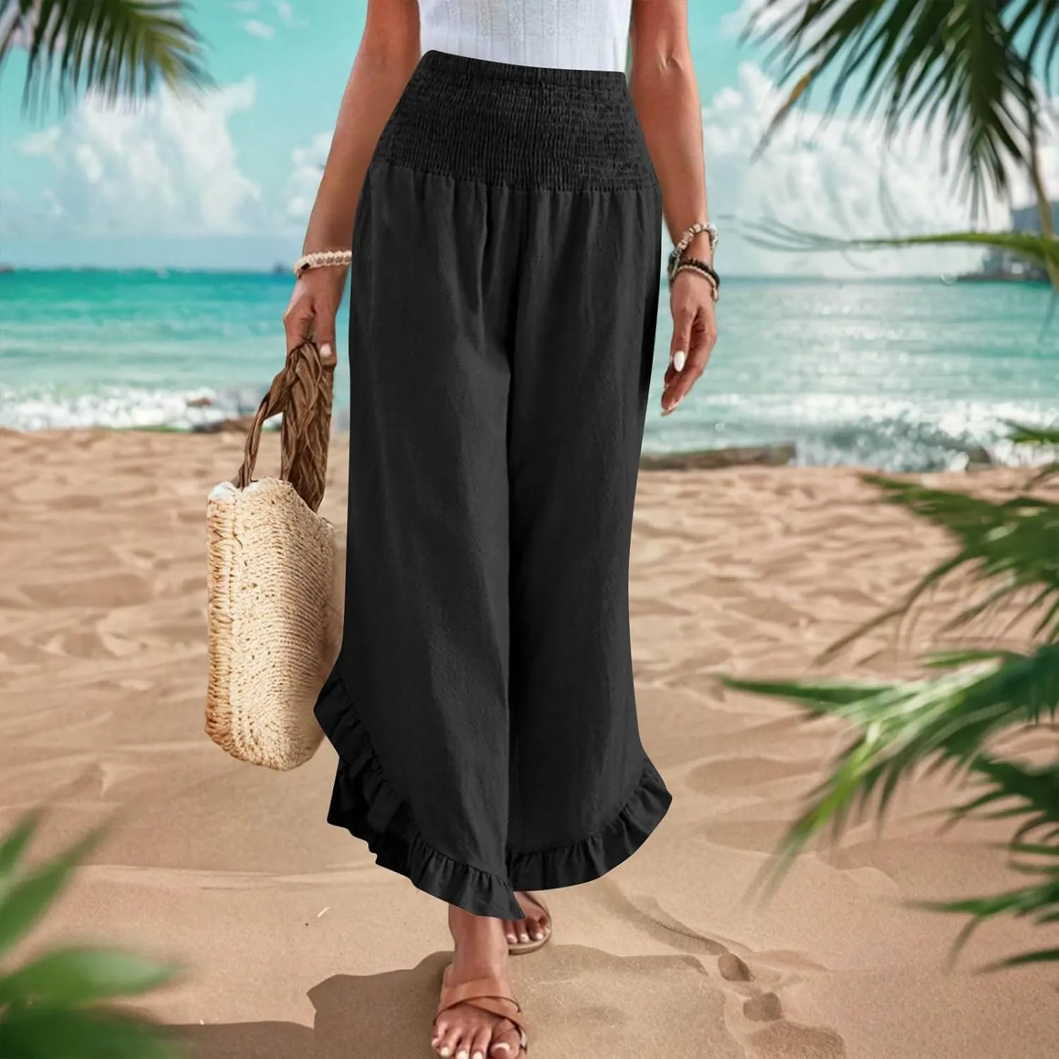 Womens Smocked Waist Ruffle Hem Palazzo Pants Boho Wide Leg Cotton Linen Trouser 2025 Fashion Casual Comfy Flowy Pants