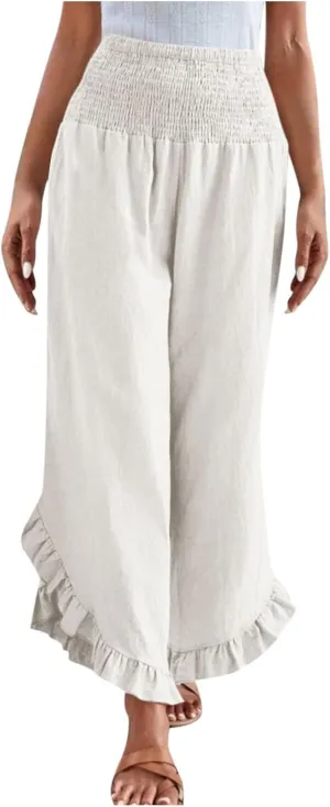 Womens Smocked Waist Ruffle Hem Palazzo Pants Boho Wide Leg Cotton Linen Trouser 2025 Fashion Casual Comfy Flowy Pants
