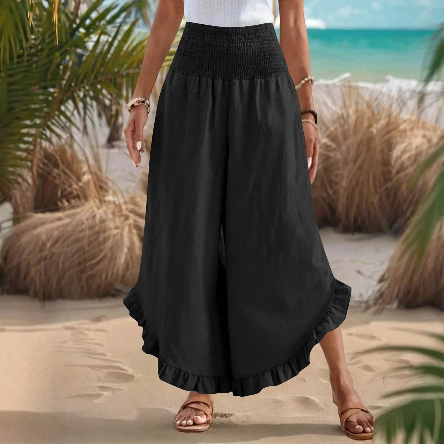 Womens Smocked Waist Ruffle Hem Palazzo Pants Boho Wide Leg Cotton Linen Trouser 2025 Fashion Casual Comfy Flowy Pants