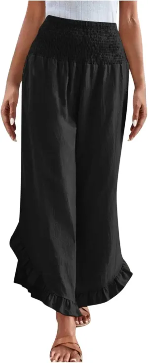 Womens Smocked Waist Ruffle Hem Palazzo Pants Boho Wide Leg Cotton Linen Trouser 2025 Fashion Casual Comfy Flowy Pants