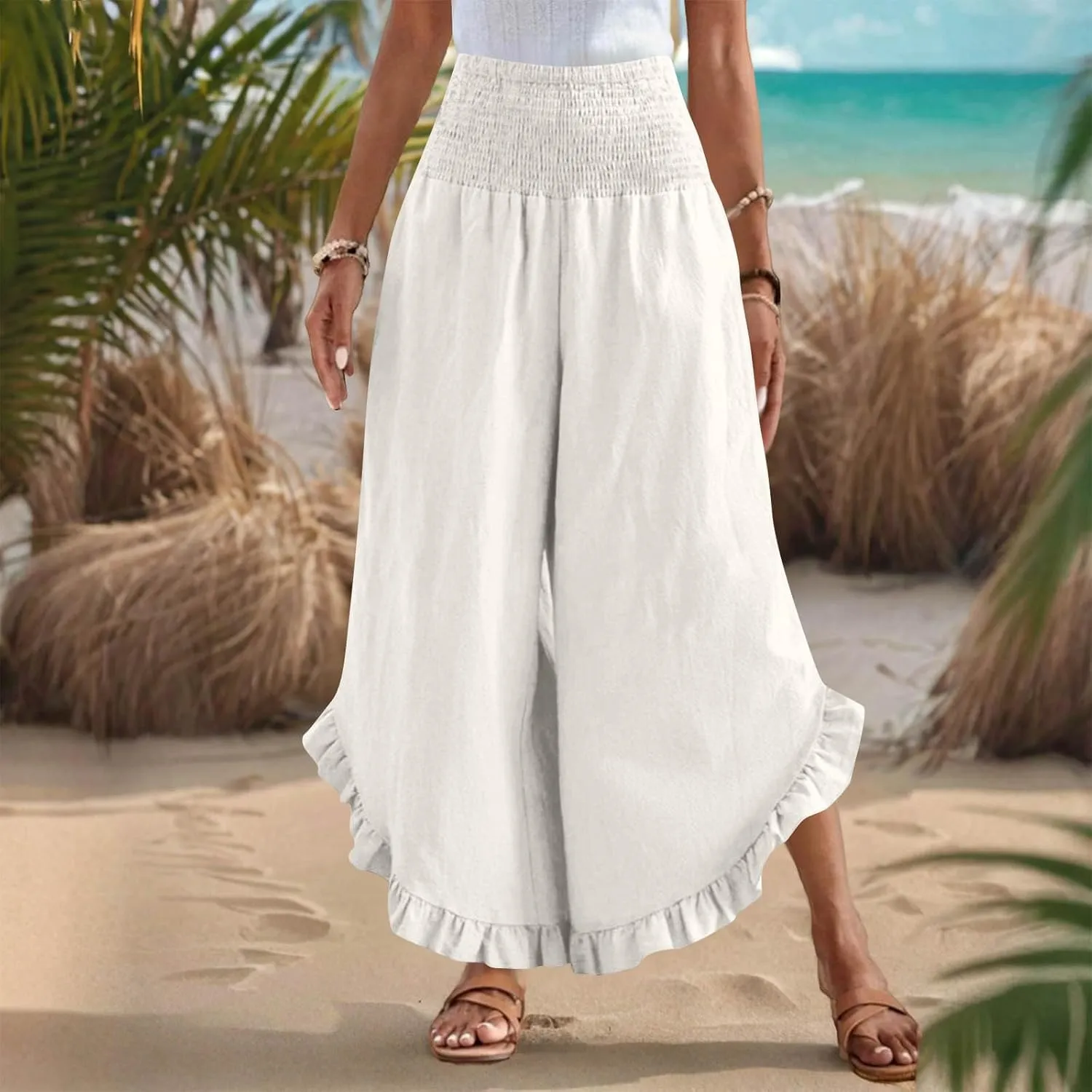 Womens Smocked Waist Ruffle Hem Palazzo Pants Boho Wide Leg Cotton Linen Trouser 2025 Fashion Casual Comfy Flowy Pants