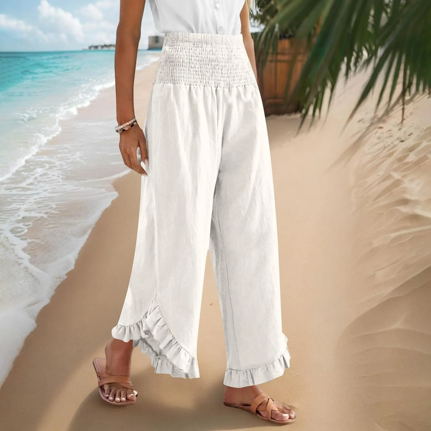 Womens Smocked Waist Ruffle Hem Palazzo Pants Boho Wide Leg Cotton Linen Trouser 2025 Fashion Casual Comfy Flowy Pants