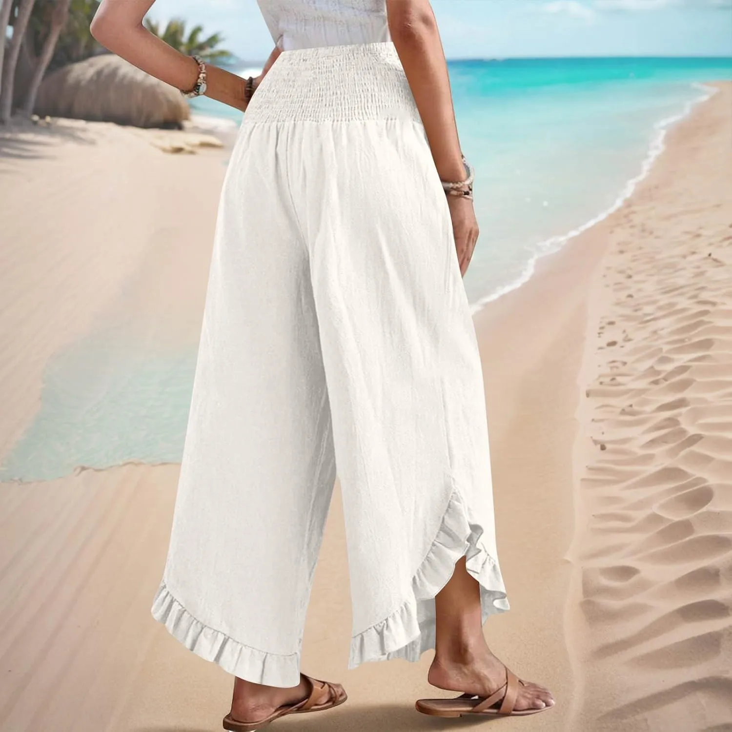 Womens Smocked Waist Ruffle Hem Palazzo Pants Boho Wide Leg Cotton Linen Trouser 2025 Fashion Casual Comfy Flowy Pants