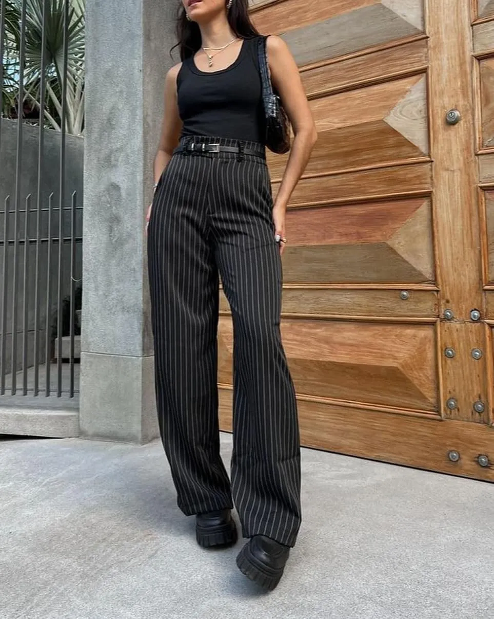 Women's Straight Leg Pinstripe Trousers High Waist Office Business Pants Casual Striped Dressy Pants with Pockets