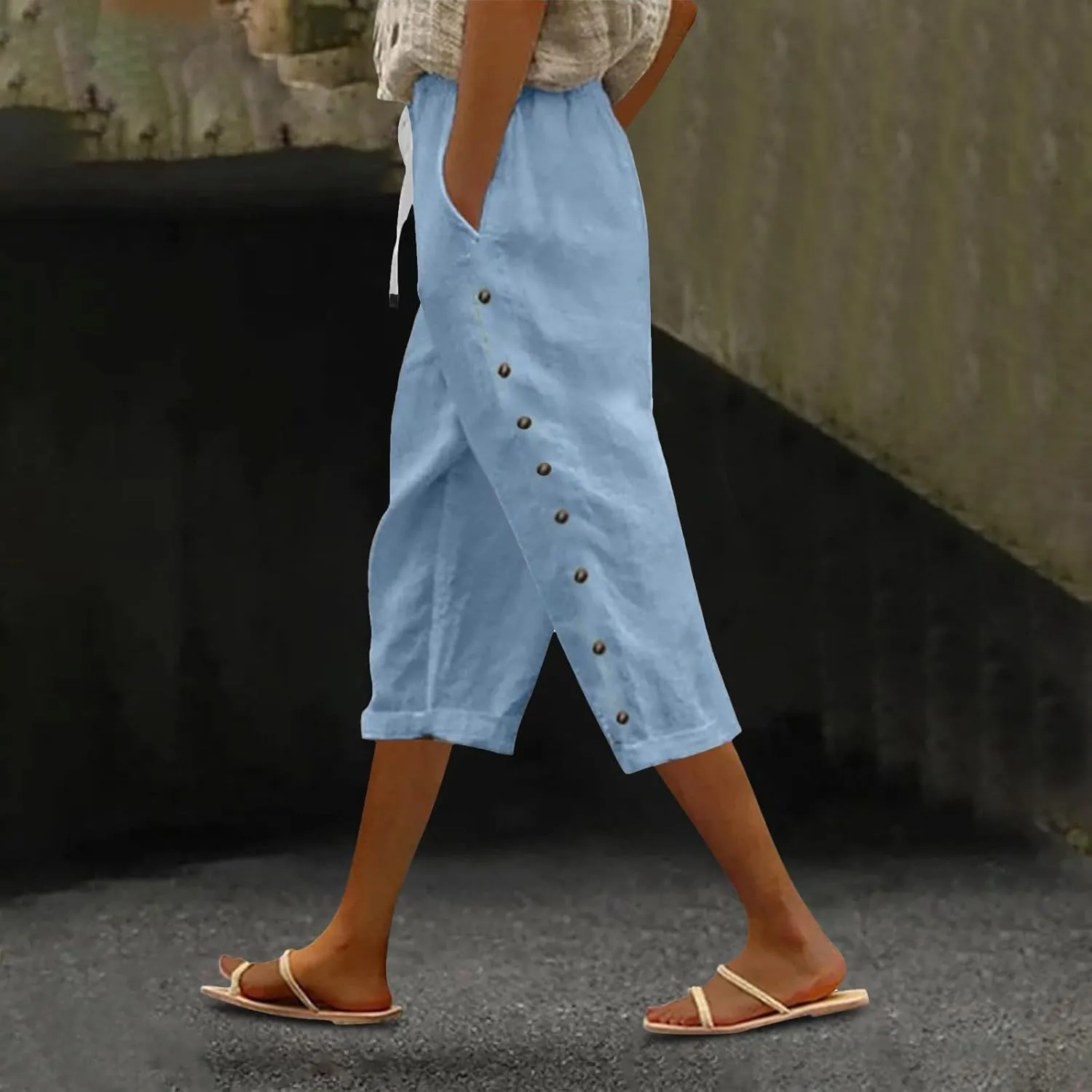 Womens Striped Linen Capri Pants High Waist Lightweight Shorts Summer 2025 Casual Ladies Pinstripe Trousers