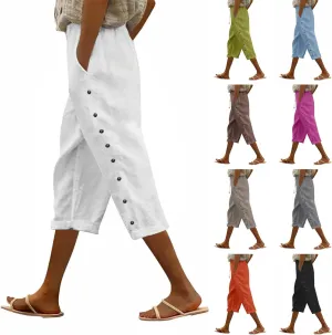 Womens Striped Linen Capri Pants High Waist Lightweight Shorts Summer 2025 Casual Ladies Pinstripe Trousers