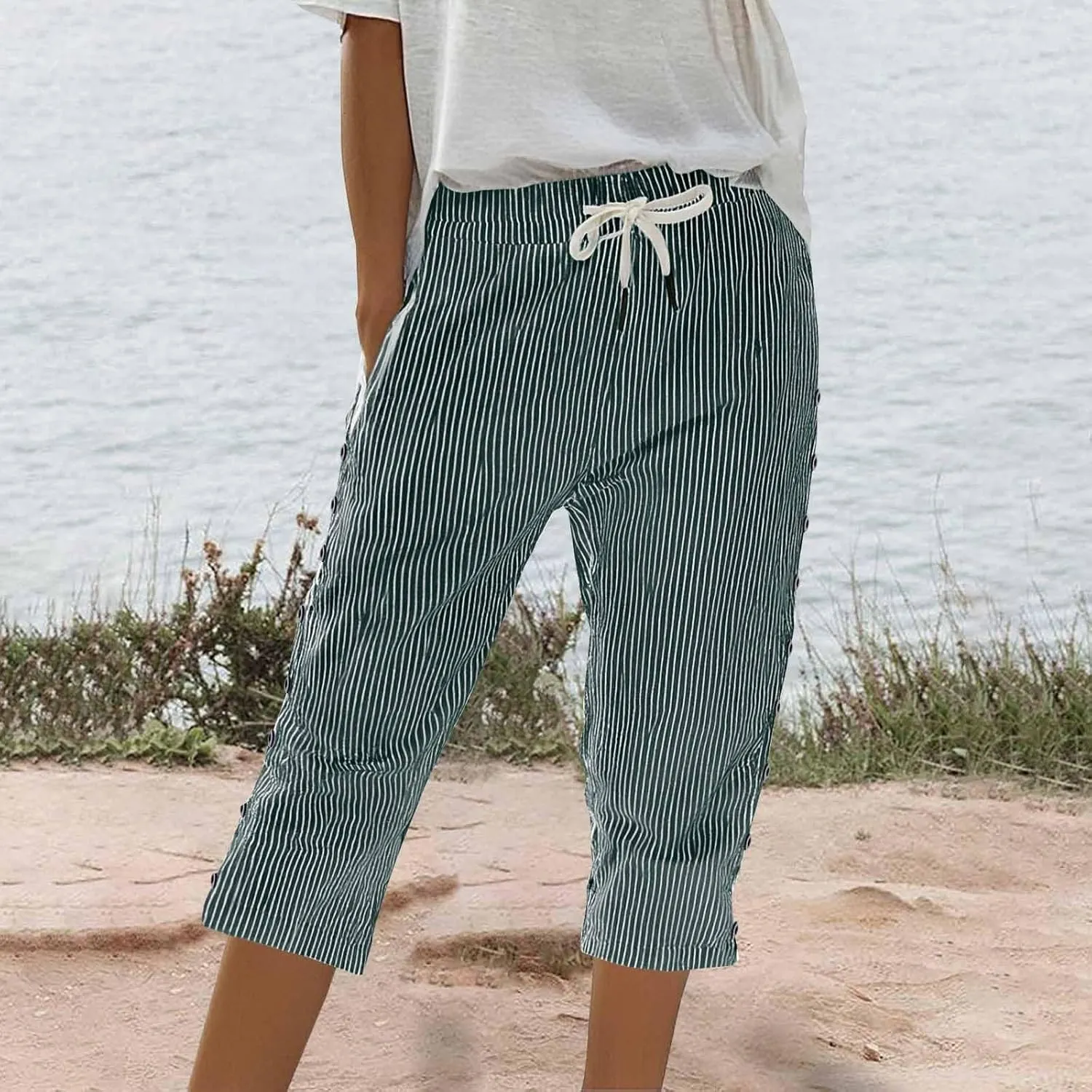 Womens Striped Linen Capri Pants High Waist Lightweight Shorts Summer 2025 Casual Ladies Pinstripe Trousers
