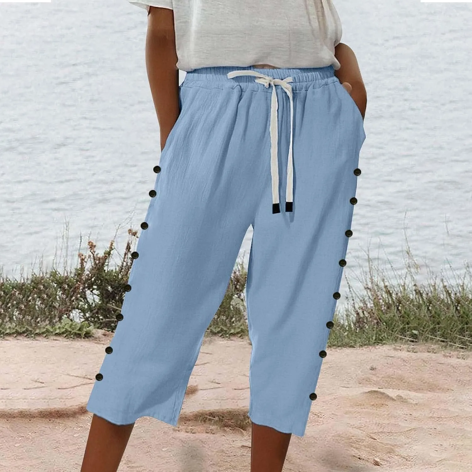 Womens Striped Linen Capri Pants High Waist Lightweight Shorts Summer 2025 Casual Ladies Pinstripe Trousers