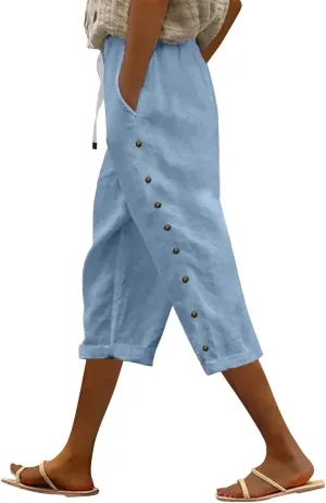 Womens Striped Linen Capri Pants High Waist Lightweight Shorts Summer 2025 Casual Ladies Pinstripe Trousers