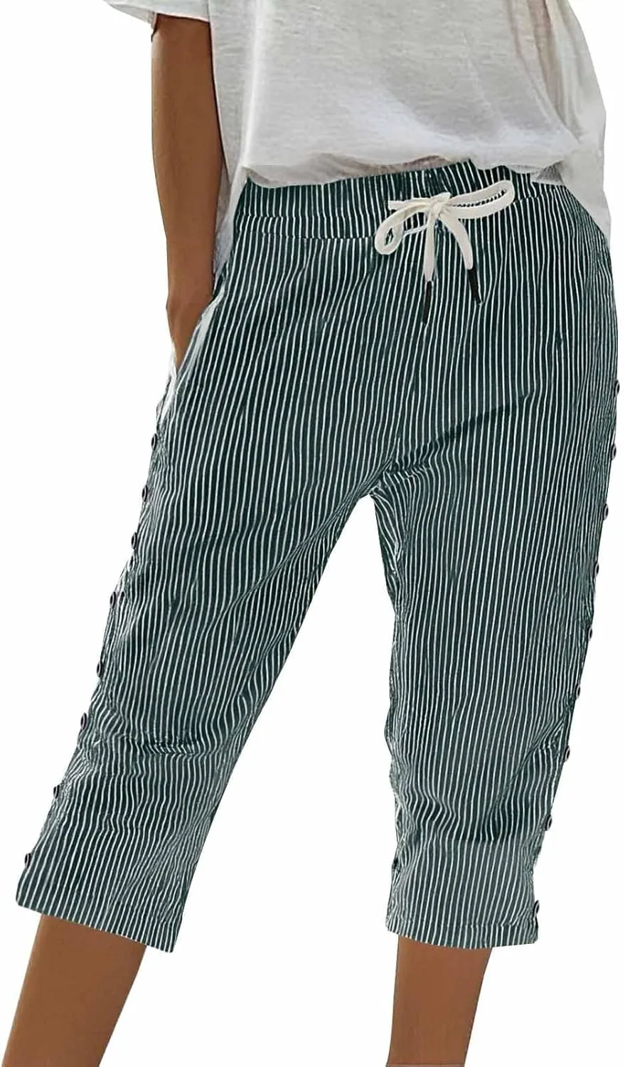 Womens Striped Linen Capri Pants High Waist Lightweight Shorts Summer 2025 Casual Ladies Pinstripe Trousers