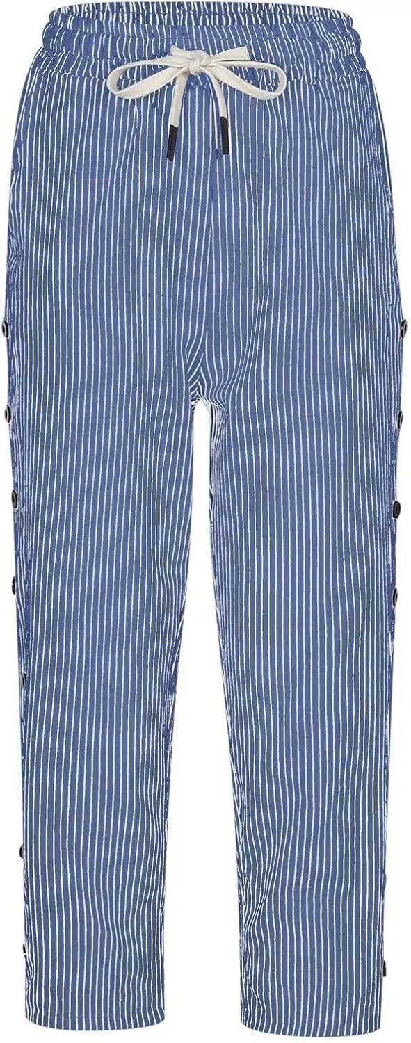 Womens Striped Linen Capri Pants High Waist Lightweight Shorts Summer 2025 Casual Ladies Pinstripe Trousers
