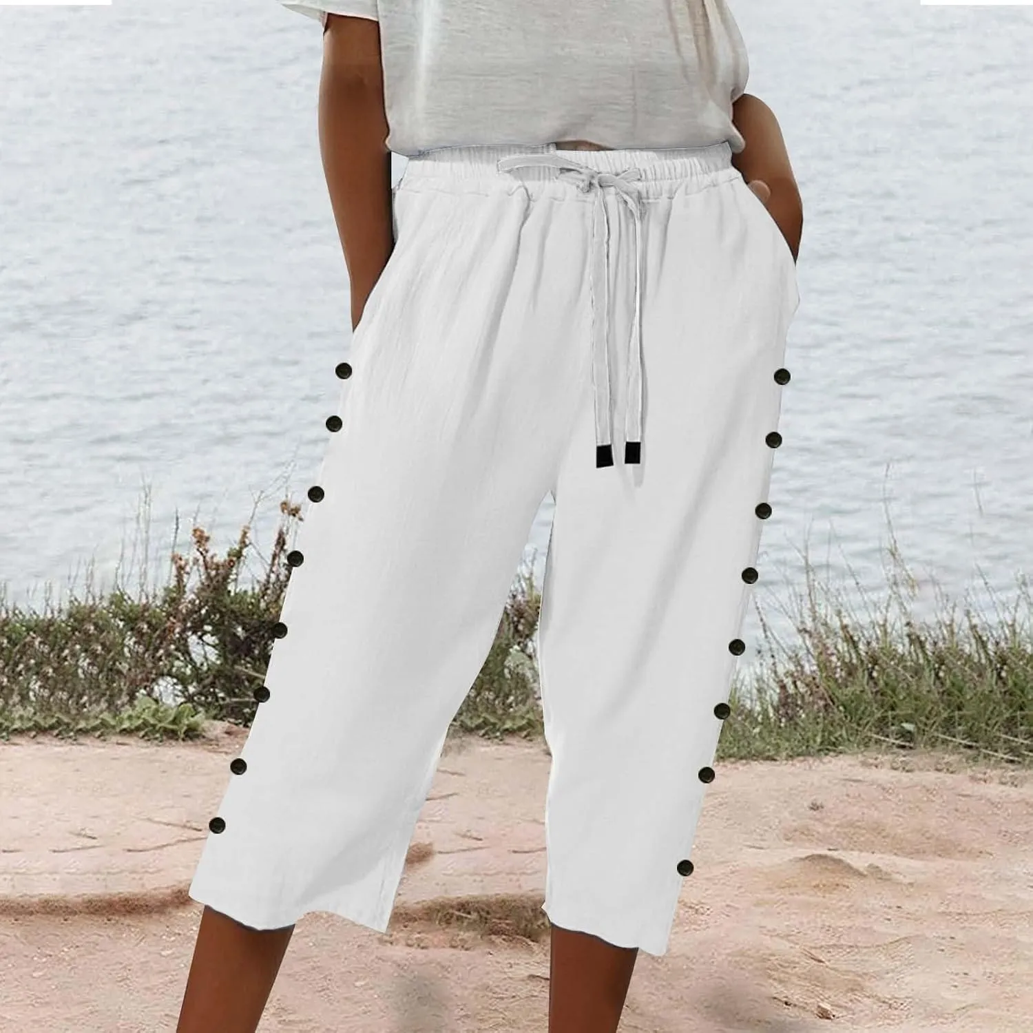 Womens Striped Linen Capri Pants High Waist Lightweight Shorts Summer 2025 Casual Ladies Pinstripe Trousers