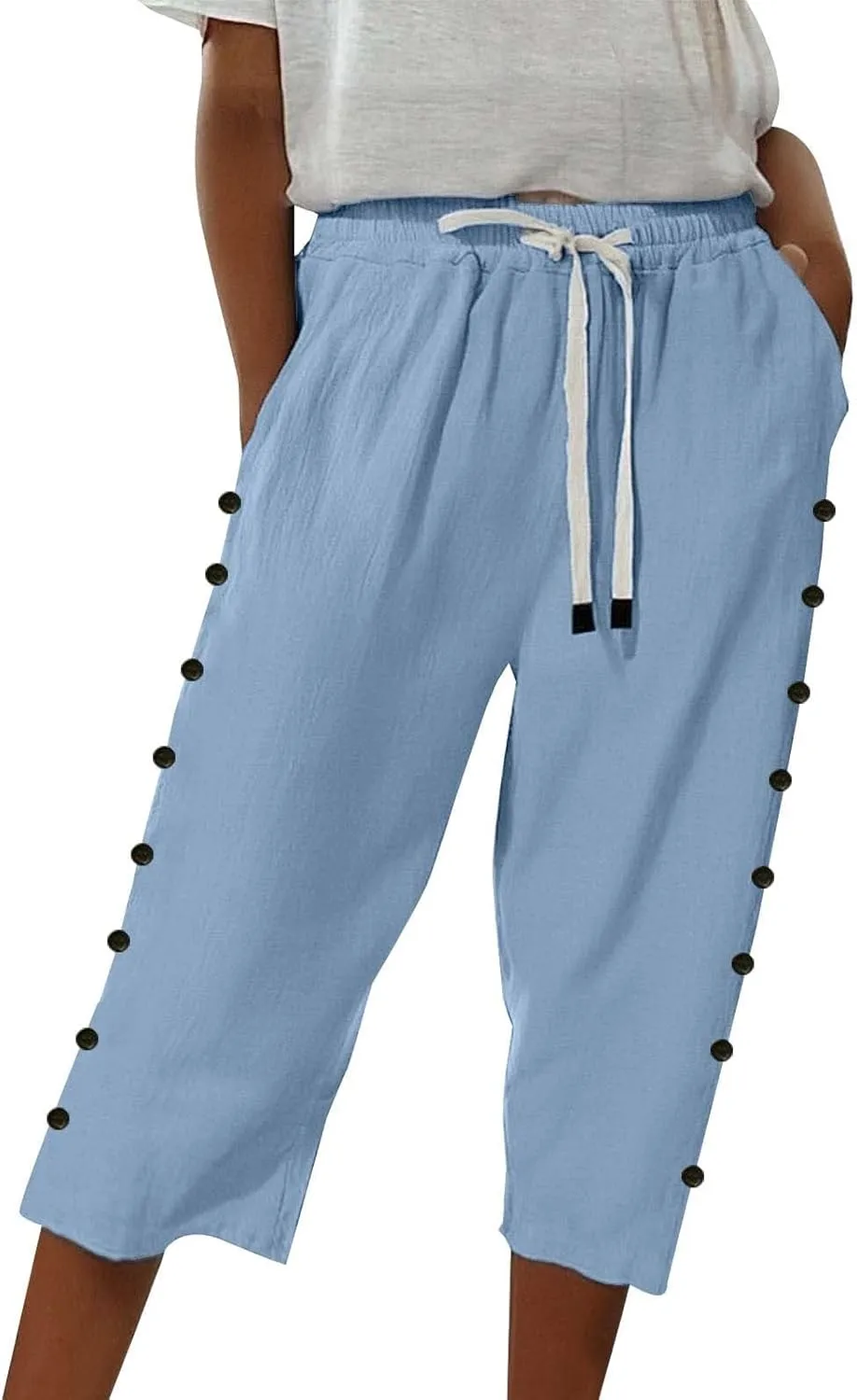 Womens Striped Linen Capri Pants High Waist Lightweight Shorts Summer 2025 Casual Ladies Pinstripe Trousers