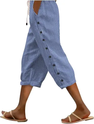 Womens Striped Linen Capri Pants High Waist Lightweight Shorts Summer 2025 Casual Ladies Pinstripe Trousers