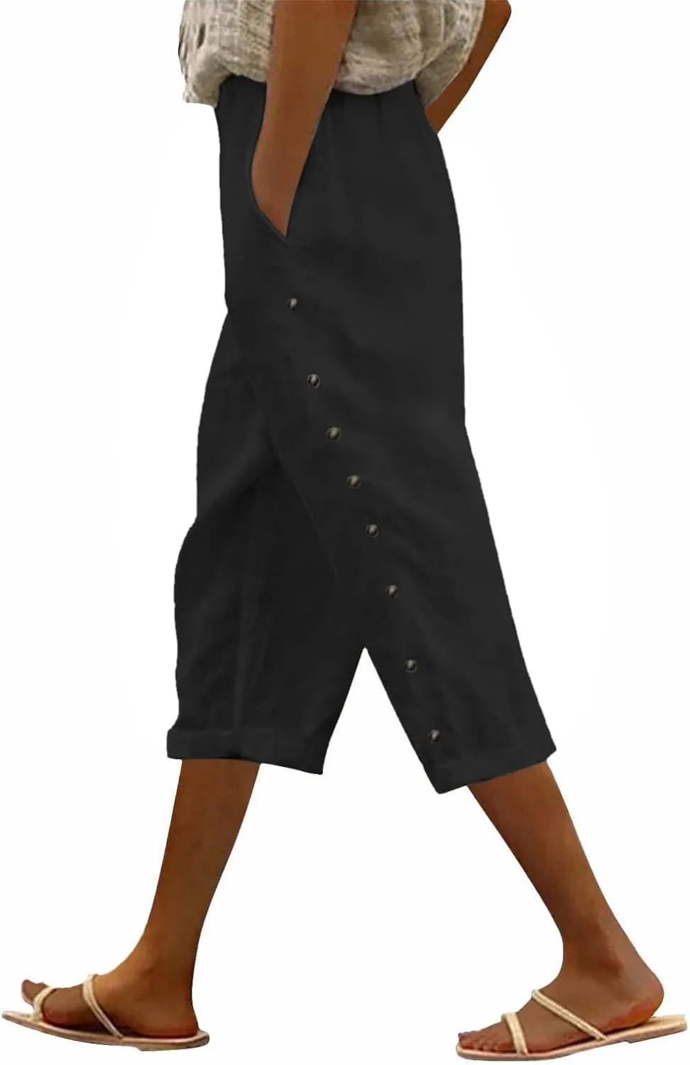 Womens Striped Linen Capri Pants High Waist Lightweight Shorts Summer 2025 Casual Ladies Pinstripe Trousers