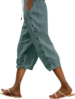 Womens Striped Linen Capri Pants High Waist Lightweight Shorts Summer 2025 Casual Ladies Pinstripe Trousers