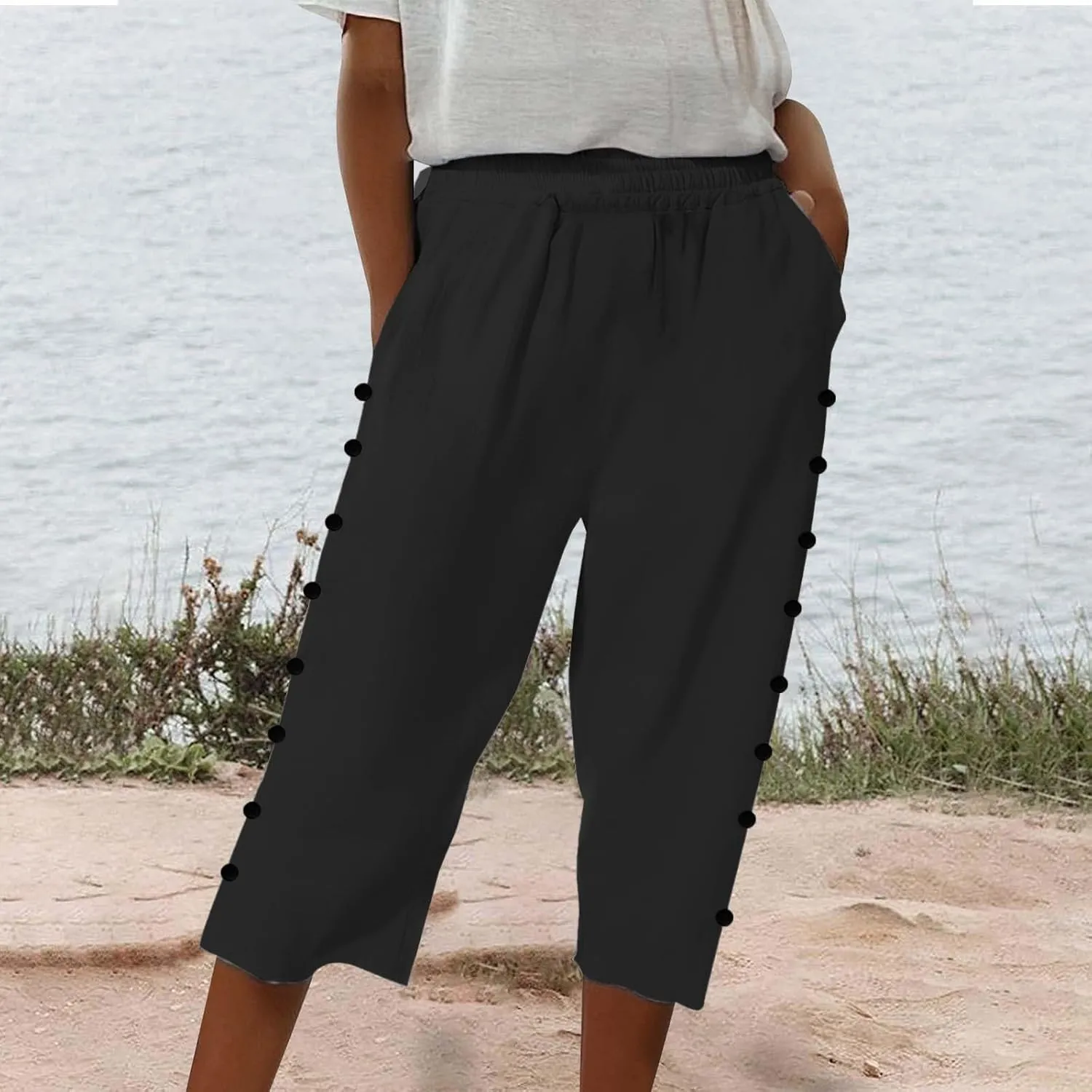 Womens Striped Linen Capri Pants High Waist Lightweight Shorts Summer 2025 Casual Ladies Pinstripe Trousers