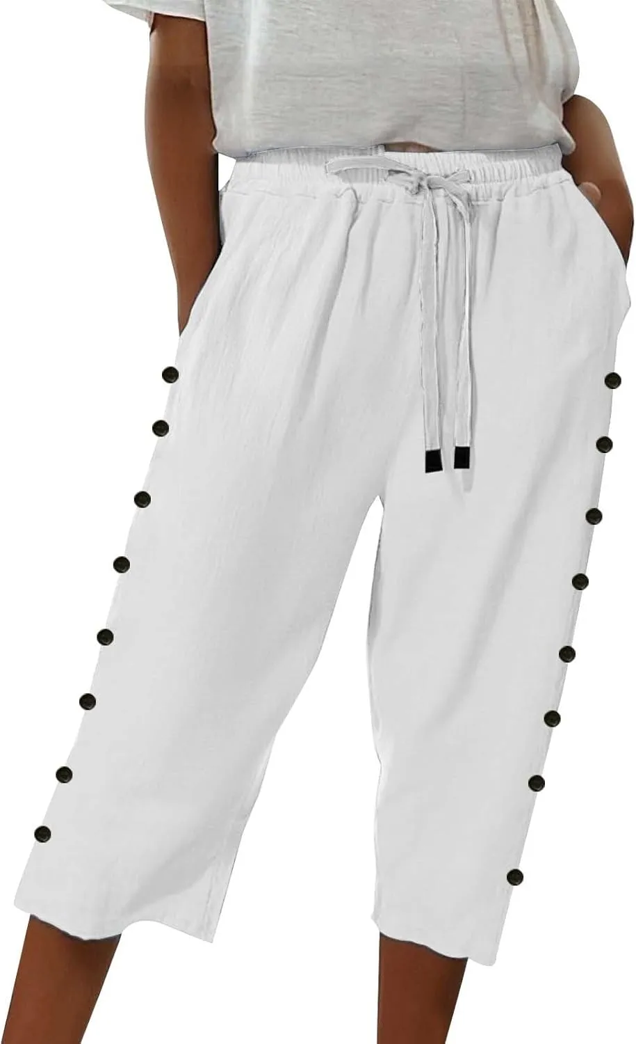 Womens Striped Linen Capri Pants High Waist Lightweight Shorts Summer 2025 Casual Ladies Pinstripe Trousers
