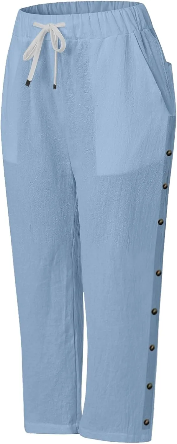 Womens Striped Linen Capri Pants High Waist Lightweight Shorts Summer 2025 Casual Ladies Pinstripe Trousers