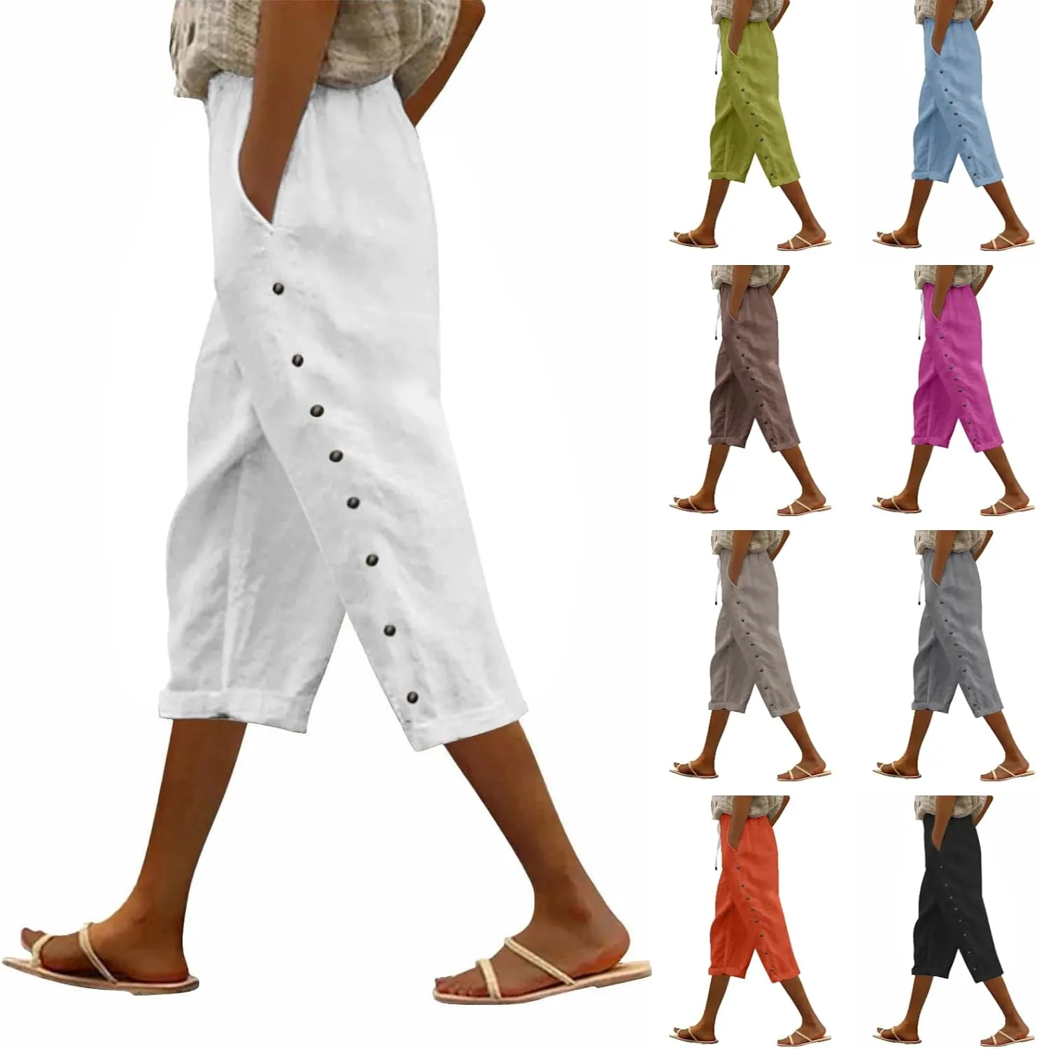 Womens Striped Linen Capri Pants High Waist Lightweight Shorts Summer 2025 Casual Ladies Pinstripe Trousers