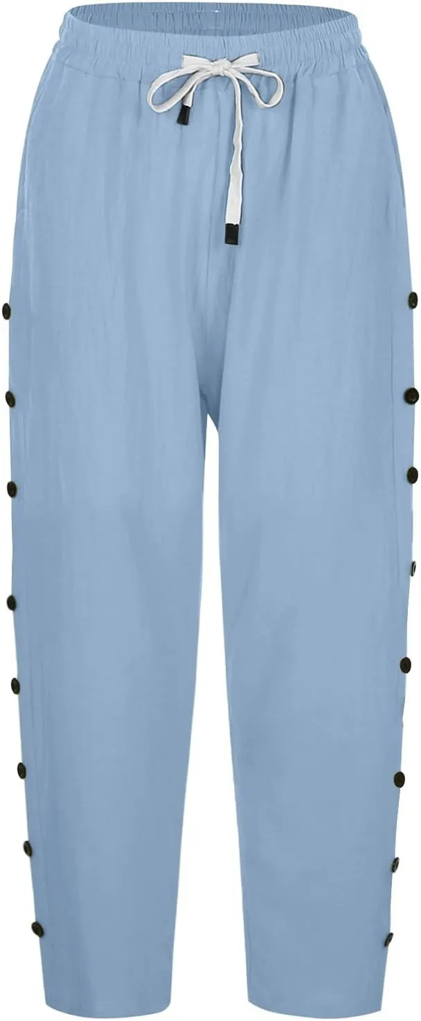 Womens Striped Linen Capri Pants High Waist Lightweight Shorts Summer 2025 Casual Ladies Pinstripe Trousers
