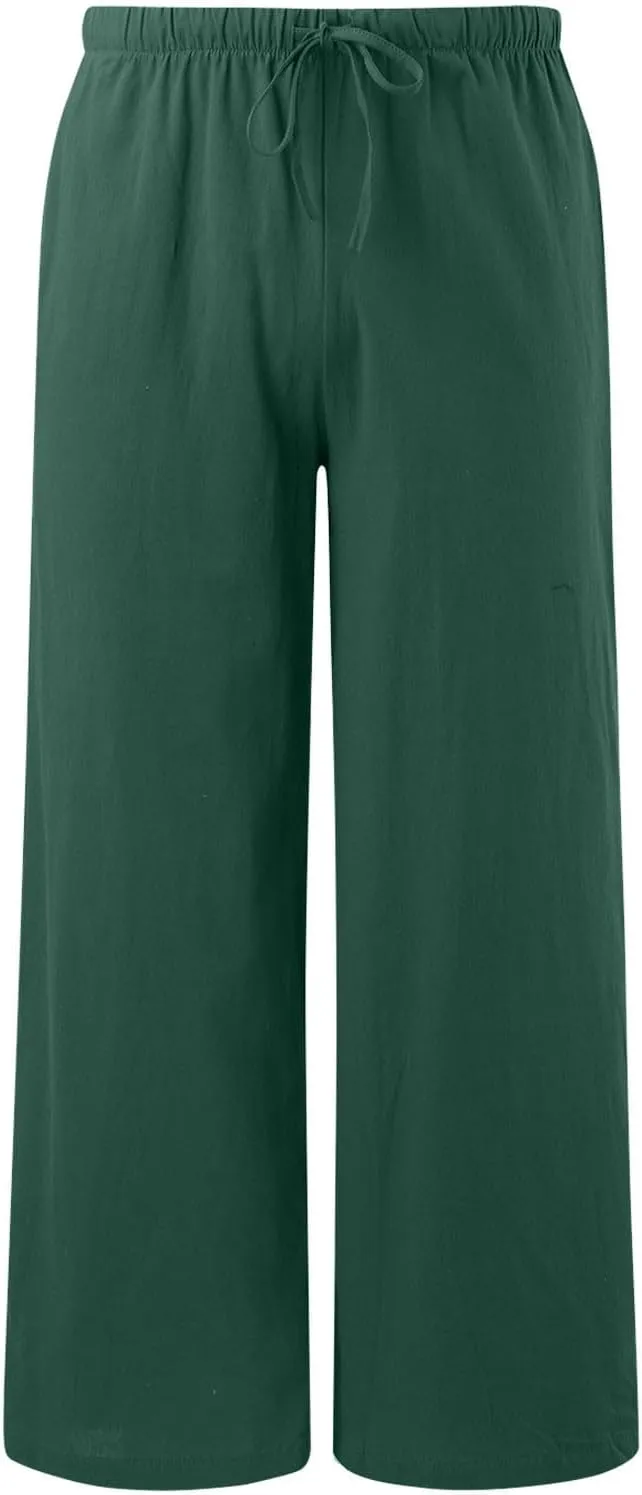 Women's Summer Cotton Linen Pants High Waist Drawstring Palazzo Pants Flowy Trousers Beach Bottom Lounge Pants with Pockets