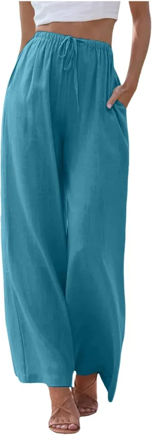Women's Summer Cotton Linen Pants High Waist Drawstring Palazzo Pants Flowy Trousers Beach Bottom Lounge Pants with Pockets