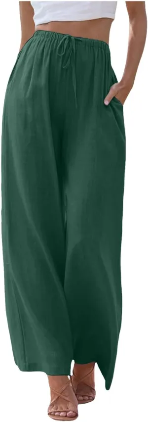 Women's Summer Cotton Linen Pants High Waist Drawstring Palazzo Pants Flowy Trousers Beach Bottom Lounge Pants with Pockets