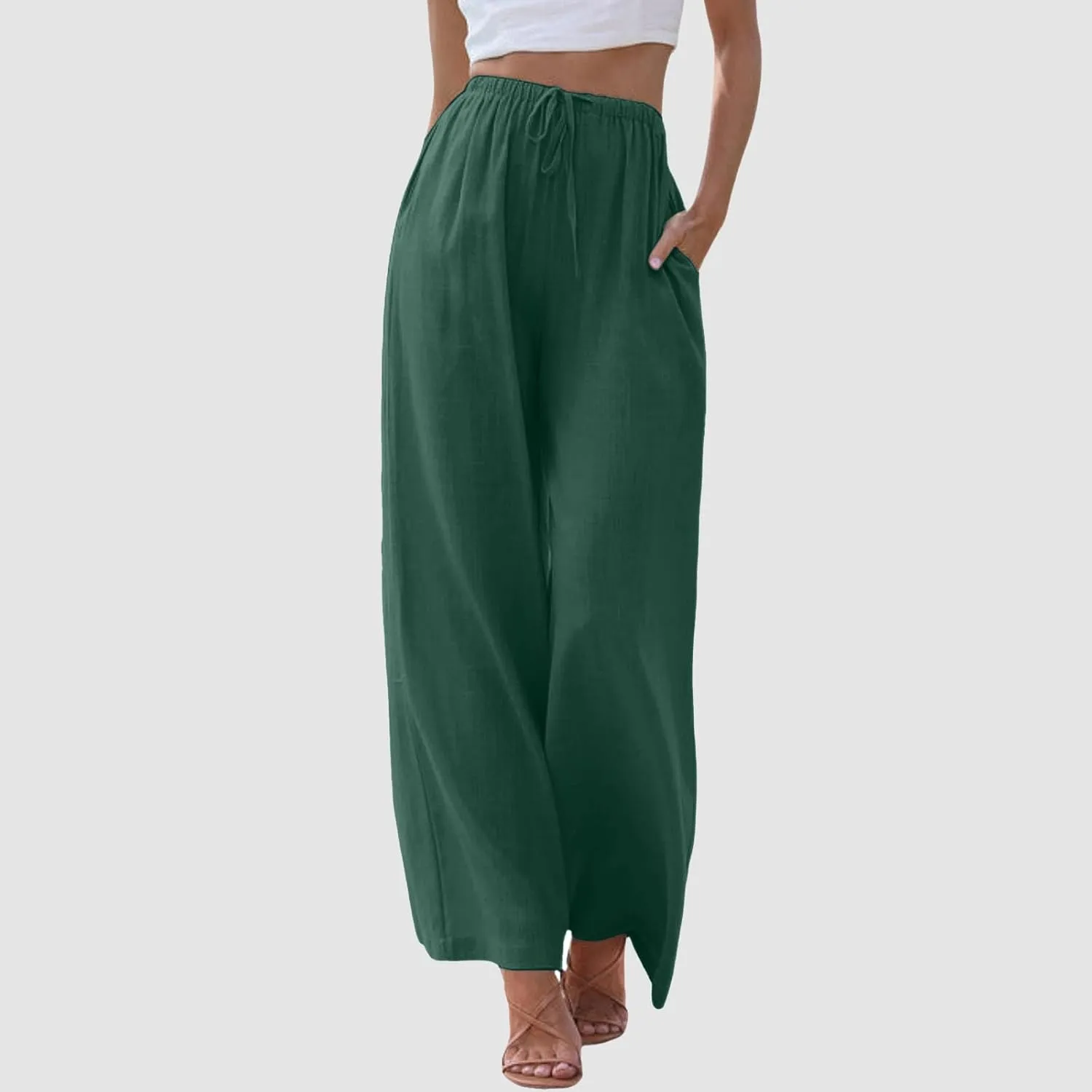 Women's Summer Cotton Linen Pants High Waist Drawstring Palazzo Pants Flowy Trousers Beach Bottom Lounge Pants with Pockets