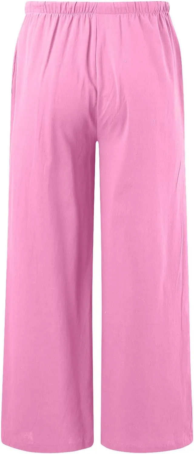 Women's Summer Cotton Linen Pants High Waist Drawstring Palazzo Pants Flowy Trousers Beach Bottom Lounge Pants with Pockets