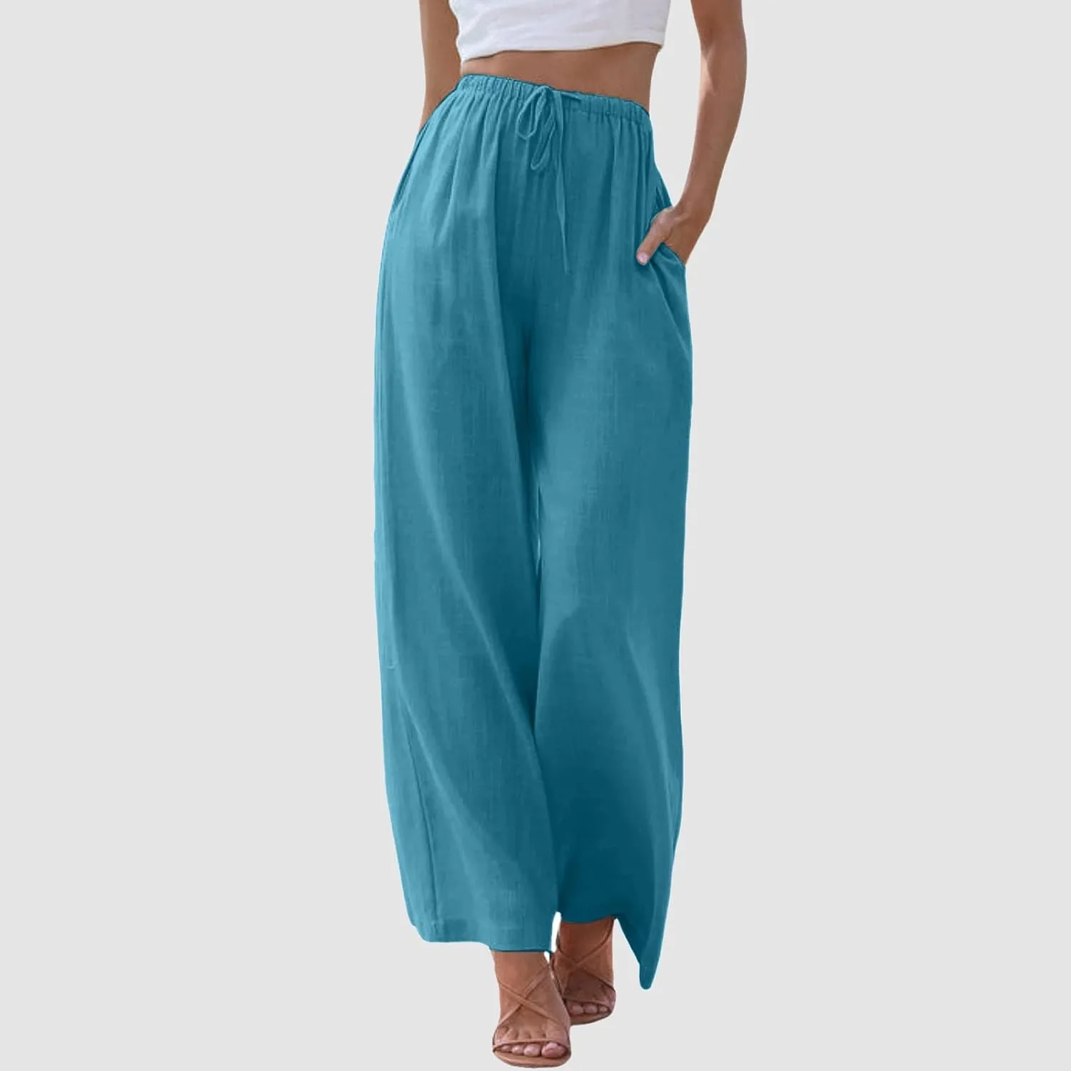 Women's Summer Cotton Linen Pants High Waist Drawstring Palazzo Pants Flowy Trousers Beach Bottom Lounge Pants with Pockets