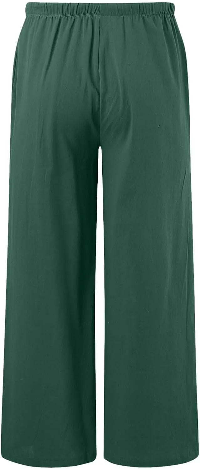 Women's Summer Cotton Linen Pants High Waist Drawstring Palazzo Pants Flowy Trousers Beach Bottom Lounge Pants with Pockets