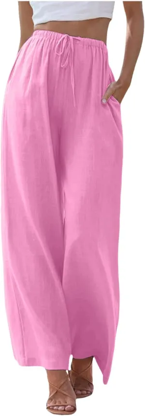 Women's Summer Cotton Linen Pants High Waist Drawstring Palazzo Pants Flowy Trousers Beach Bottom Lounge Pants with Pockets