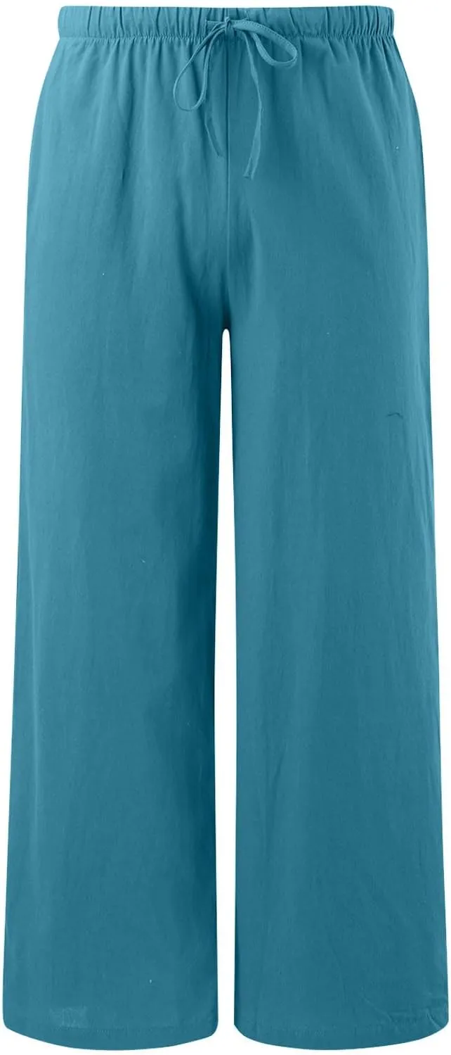 Women's Summer Cotton Linen Pants High Waist Drawstring Palazzo Pants Flowy Trousers Beach Bottom Lounge Pants with Pockets