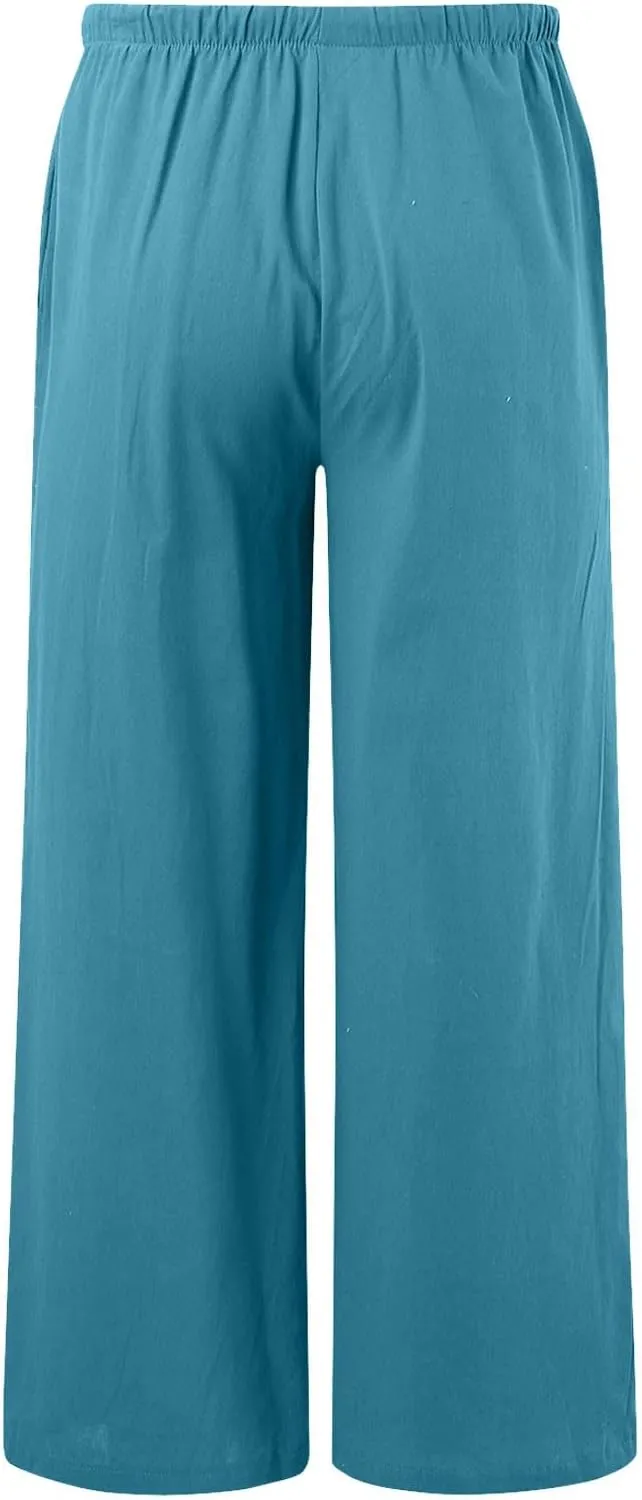 Women's Summer Cotton Linen Pants High Waist Drawstring Palazzo Pants Flowy Trousers Beach Bottom Lounge Pants with Pockets
