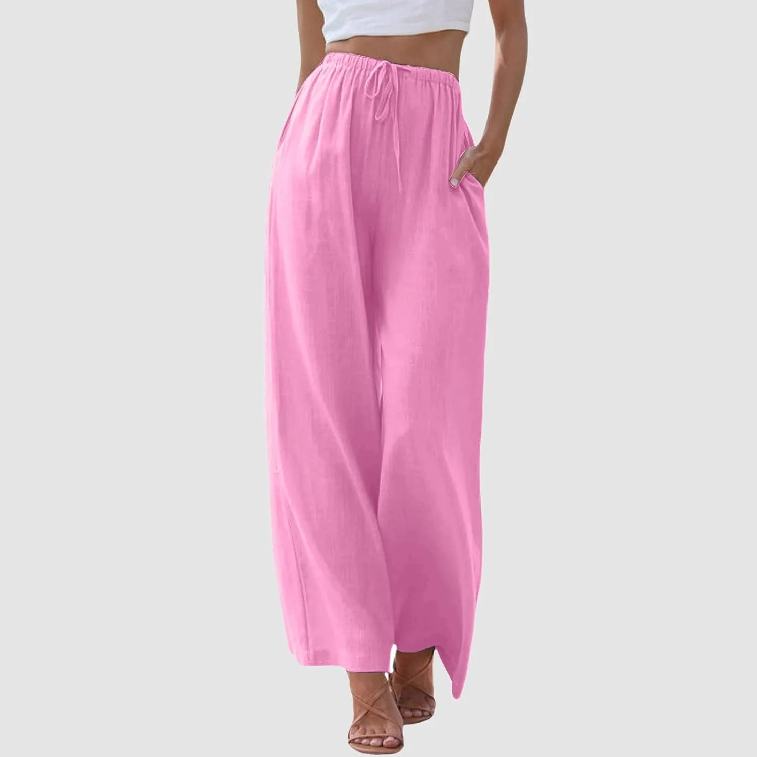 Women's Summer Cotton Linen Pants High Waist Drawstring Palazzo Pants Flowy Trousers Beach Bottom Lounge Pants with Pockets