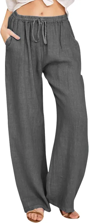 Women's Summer Cotton Linen Pants High Waist Drawstring Wide Leg Ruched Loose Palazzo Pants Lounge Pants Trousers with Pocket