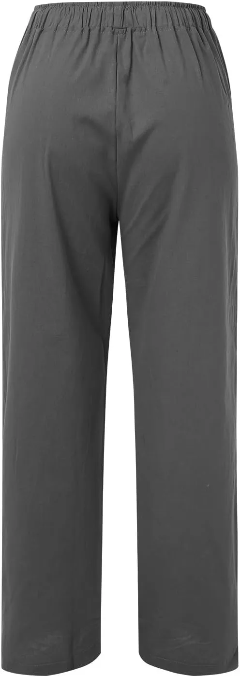 Women's Summer Cotton Linen Pants High Waist Drawstring Wide Leg Ruched Loose Palazzo Pants Lounge Pants Trousers with Pocket