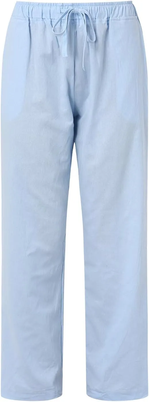 Women's Summer Cotton Linen Pants High Waist Drawstring Wide Leg Ruched Loose Palazzo Pants Lounge Pants Trousers with Pocket