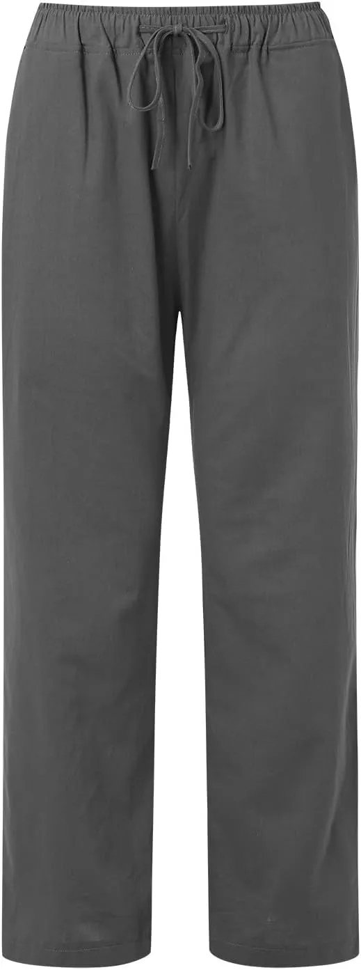 Women's Summer Cotton Linen Pants High Waist Drawstring Wide Leg Ruched Loose Palazzo Pants Lounge Pants Trousers with Pocket