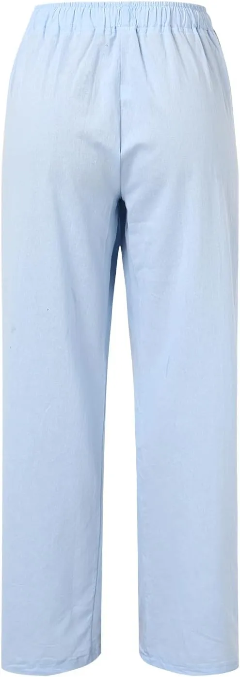 Women's Summer Cotton Linen Pants High Waist Drawstring Wide Leg Ruched Loose Palazzo Pants Lounge Pants Trousers with Pocket