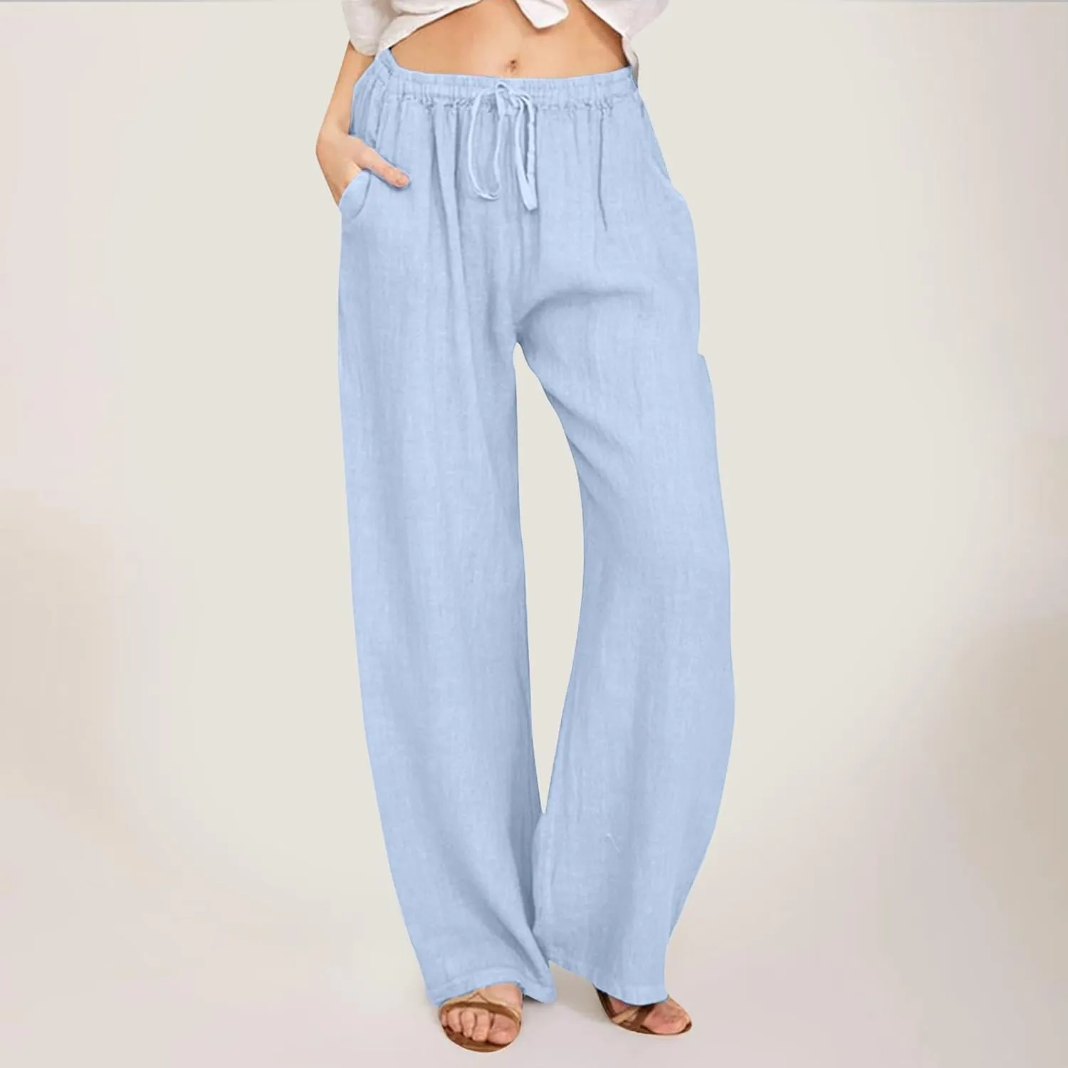 Women's Summer Cotton Linen Pants High Waist Drawstring Wide Leg Ruched Loose Palazzo Pants Lounge Pants Trousers with Pocket