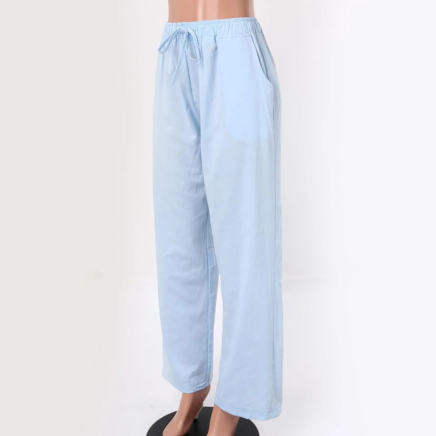 Women's Summer Cotton Linen Pants High Waist Drawstring Wide Leg Ruched Loose Palazzo Pants Lounge Pants Trousers with Pocket
