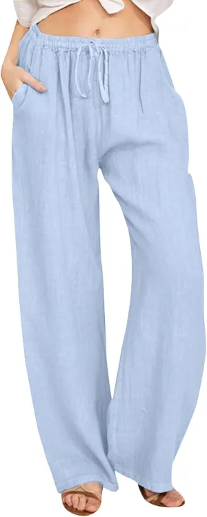 Women's Summer Cotton Linen Pants High Waist Drawstring Wide Leg Ruched Loose Palazzo Pants Lounge Pants Trousers with Pocket