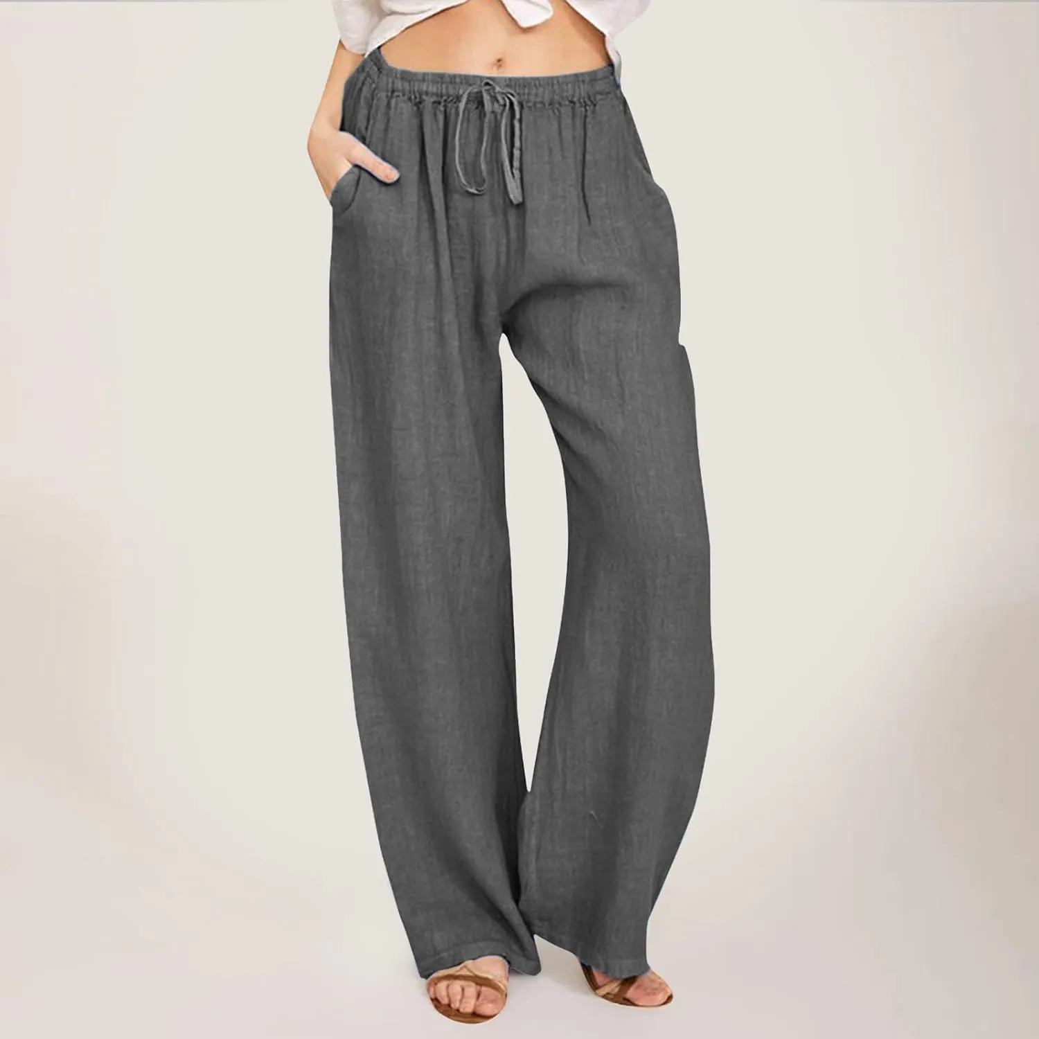 Women's Summer Cotton Linen Pants High Waist Drawstring Wide Leg Ruched Loose Palazzo Pants Lounge Pants Trousers with Pocket