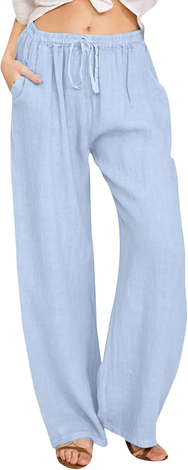 Women's Summer Cotton Linen Pants High Waist Drawstring Wide Leg Ruched Loose Palazzo Pants Lounge Pants Trousers with Pocket